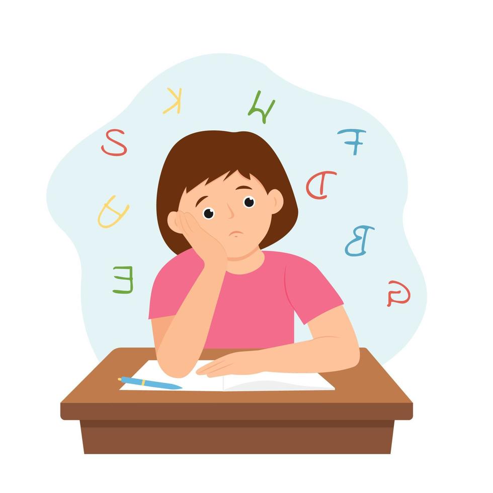 Girl having learning difficulty. Dyslexia concept.  Messed letters.Vector illustration. vector