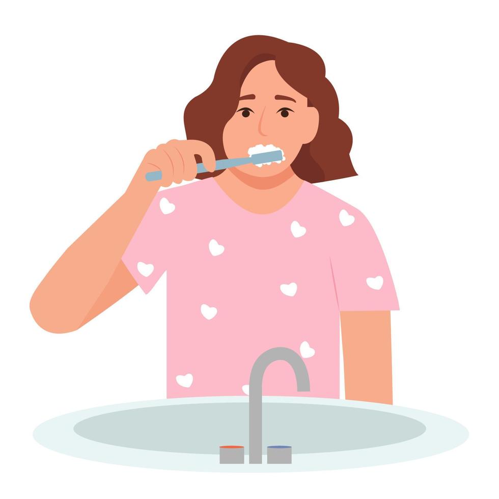 Woman  brushing teeth with toothbrush.Dental health and hygiene concept.Isolated on white background.Vector illustration vector