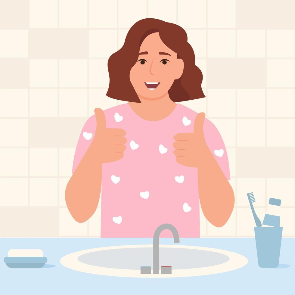 Happy woman showing thumb up in bathroom The gesture is cool. Beautiful smile of a young woman with healthy white teeth.Dental care and hygiene. Vector illustration