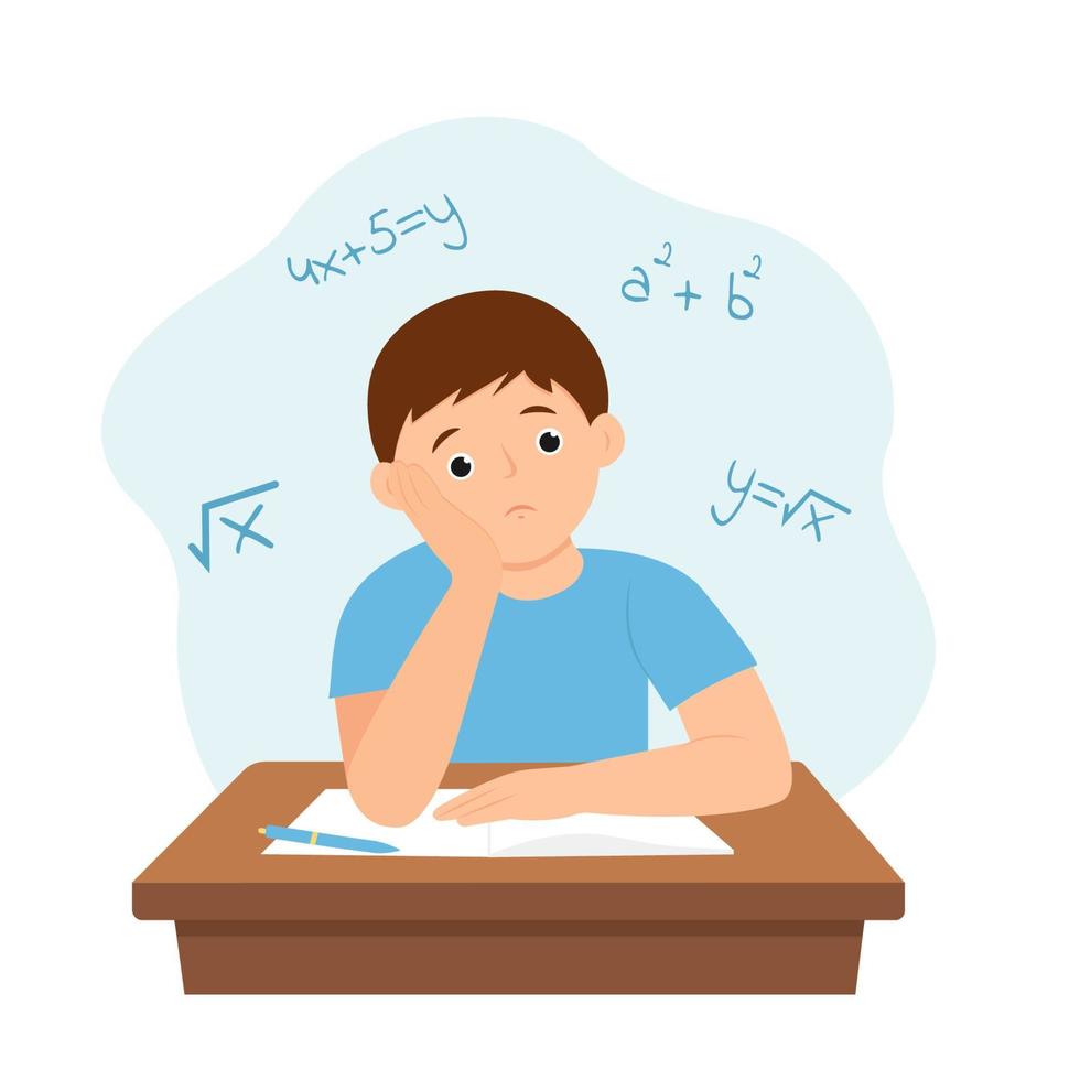 Boy doing homework  and feel confused. Child at his desk solving a math problem. Vector illustration