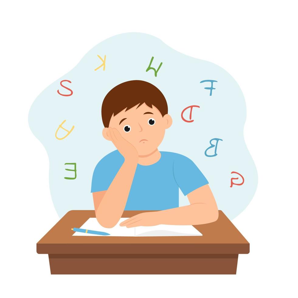 Boy having learning difficulty. Dyslexia concept.  Messed letters.Vector illustration. vector