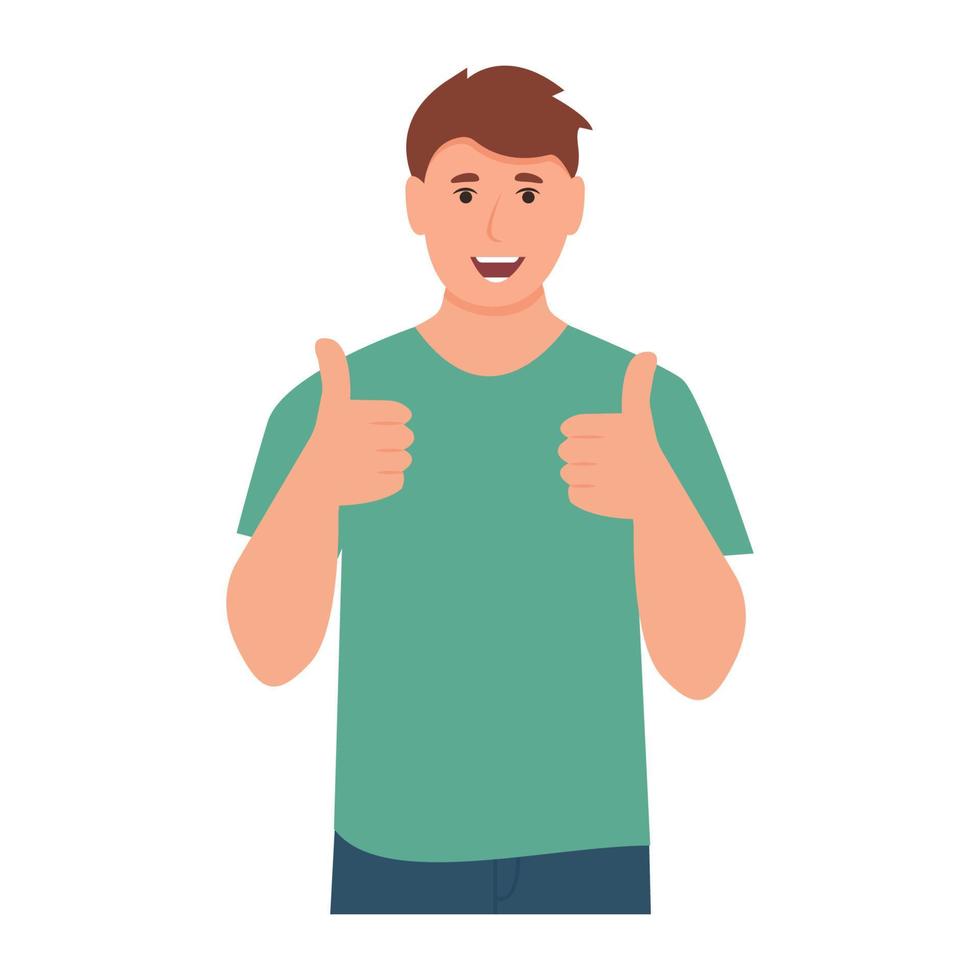 Smiling man with thumbs up expressing agreement and approval. The gesture is cool. Guy with great sign. Flat vector illustration isolated on white background