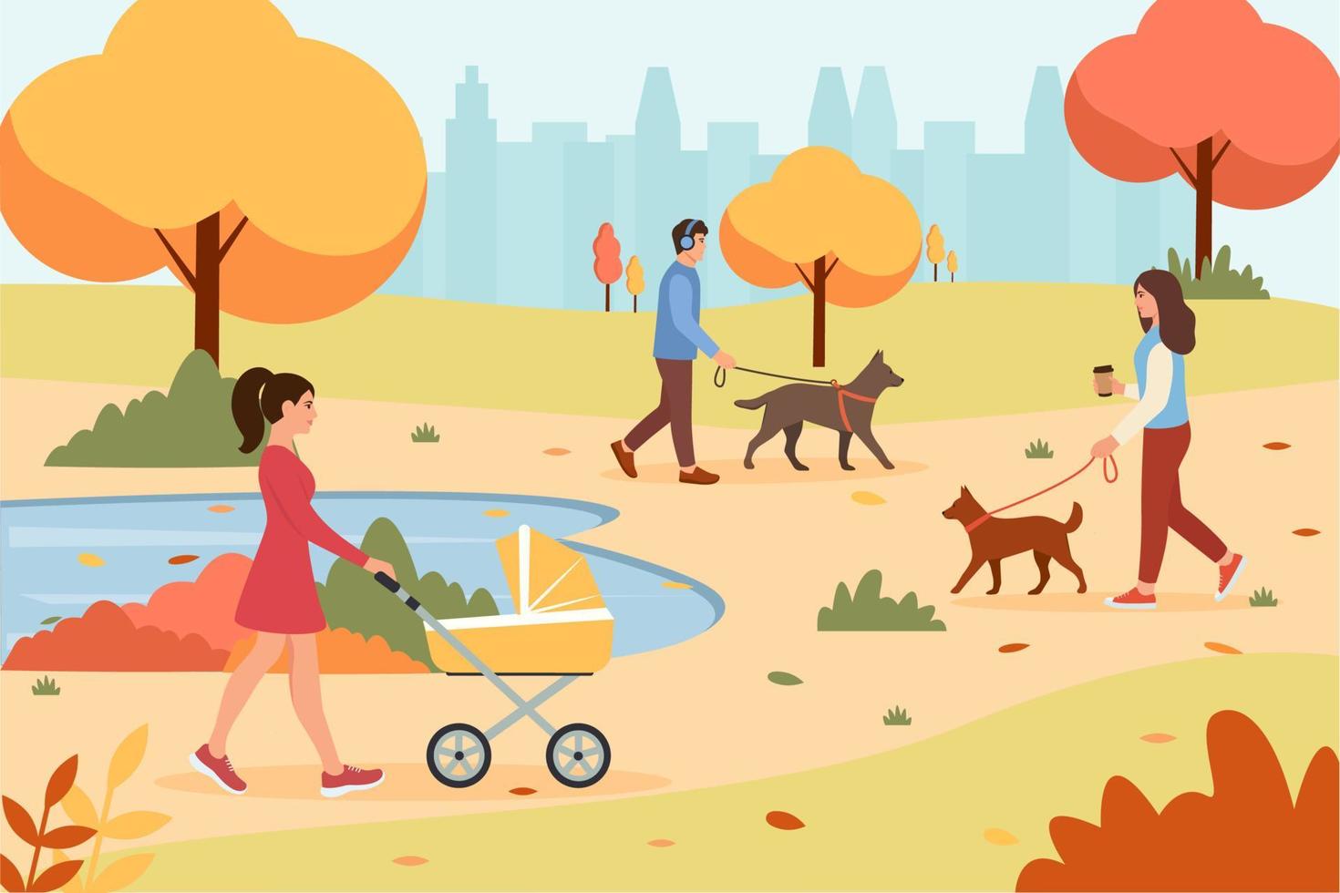 People walking in autumn park. Autumn nature.Vector illustration in flat style. vector