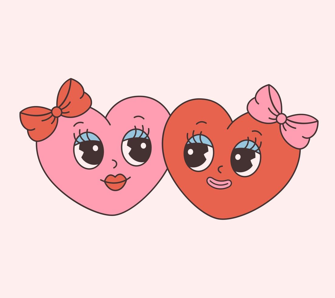 Trendy retro cartoon heart characters. Groovy style, vintage, 70s 60s aesthetics. Happy Valentines day, lesbian couple. vector