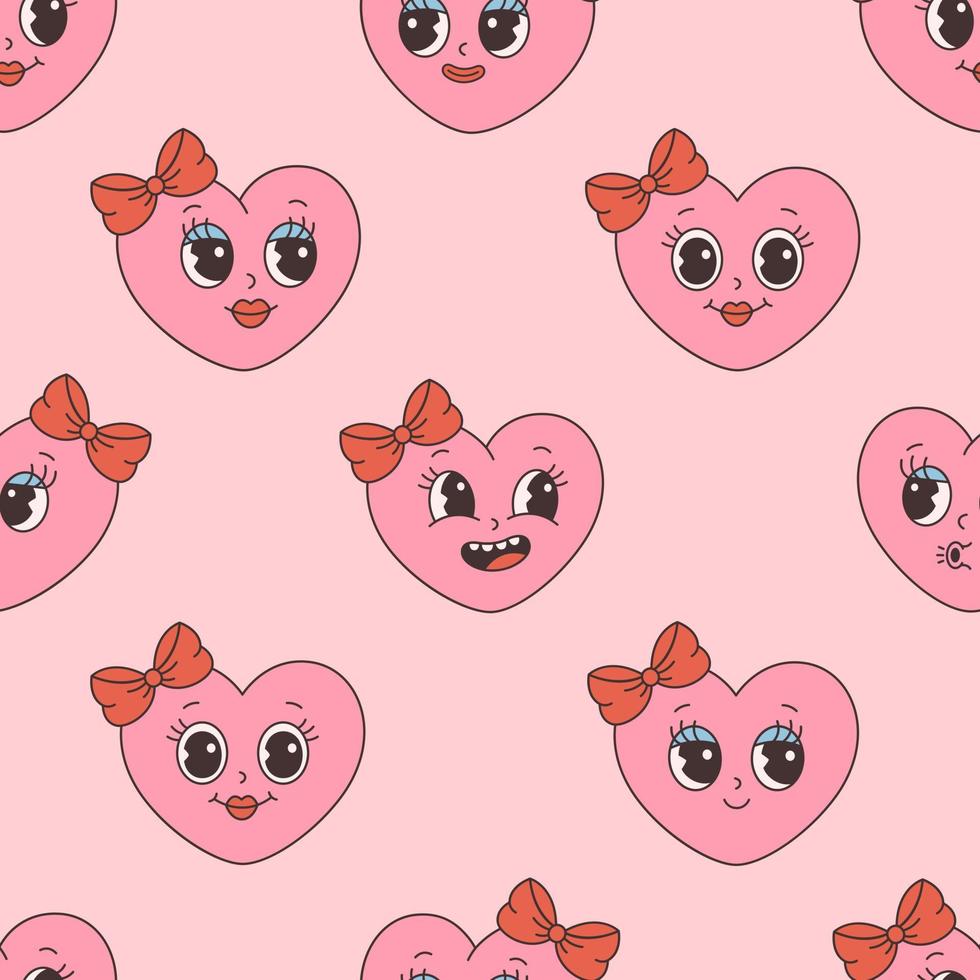 Trendy retro cartoon heart characters seamless pattern. Groovy style, vintage, 70s 60s aesthetics. Valentines day vector