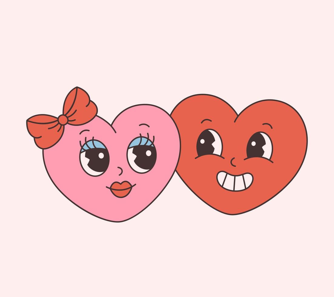 Trendy retro cartoon heart characters, love couple. Groovy style, vintage, 70s 60s aesthetics. Valentines day. vector