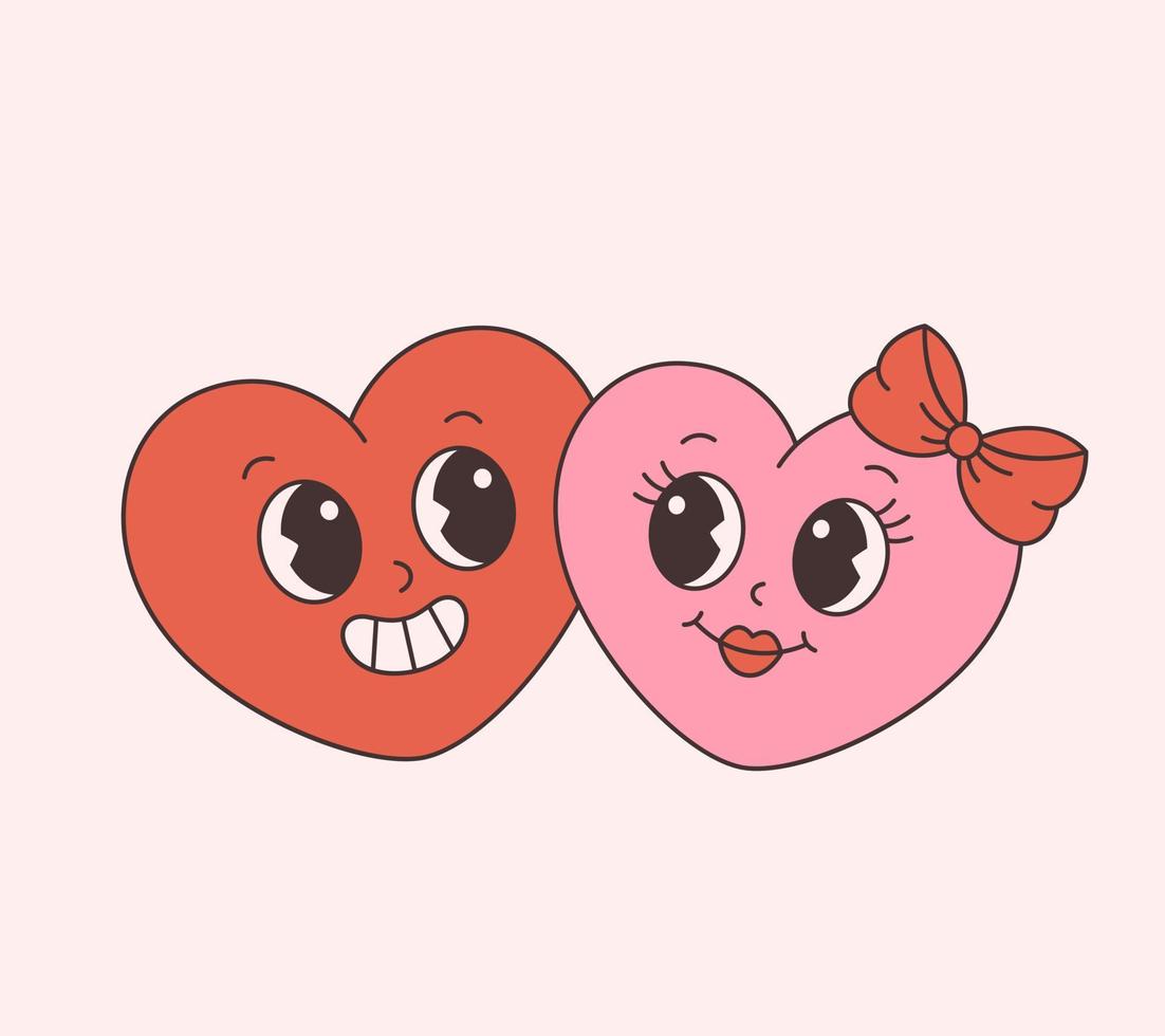 Trendy retro cartoon heart characters, love couple. Groovy style, vintage, 70s 60s aesthetics. Valentines day. vector