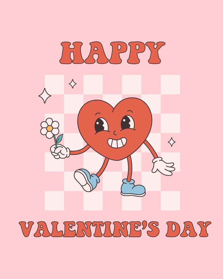 Trendy retro cartoon heart character. Groovy style, vintage, 70s 60s aesthetics. Valentines day greeting card. vector