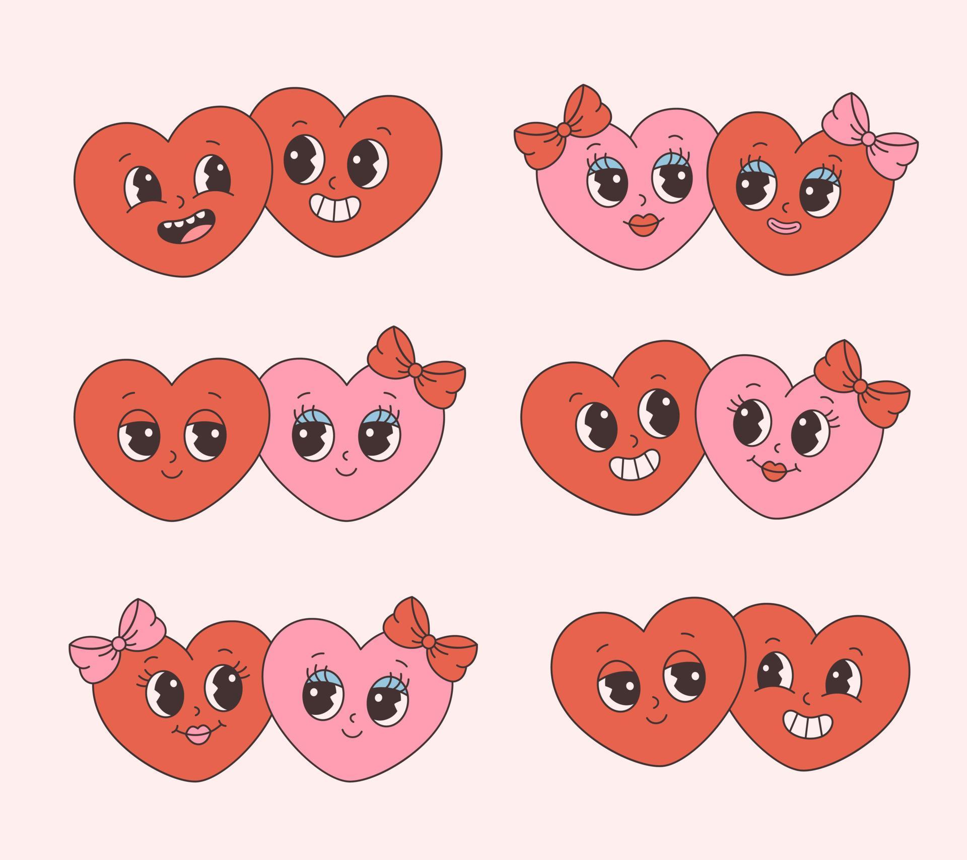 Trendy Retro Cartoon Heart Characters Love Couple Lesbians Gay Couple Groovy Style Vintage