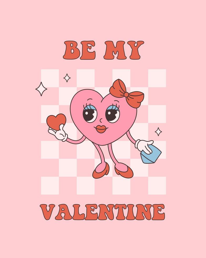 Trendy retro cartoon heart character. Groovy style, vintage, 70s 60s aesthetics. Valentines day greeting card vector