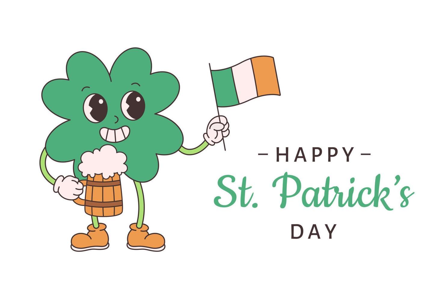 de moda retro dibujos animados personaje trébol con cuatro hoja. contento Santo patrick's día. trébol con Irlanda bandera y cerveza. maravilloso estilo, antiguo, 70s 60s estética vector