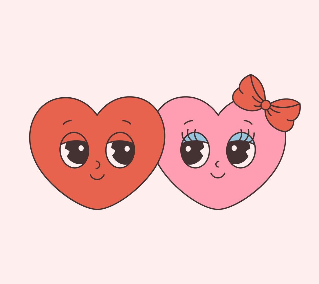 Trendy retro cartoon heart characters, love couple. Groovy style, vintage, 70s 60s aesthetics. Valentines day. vector