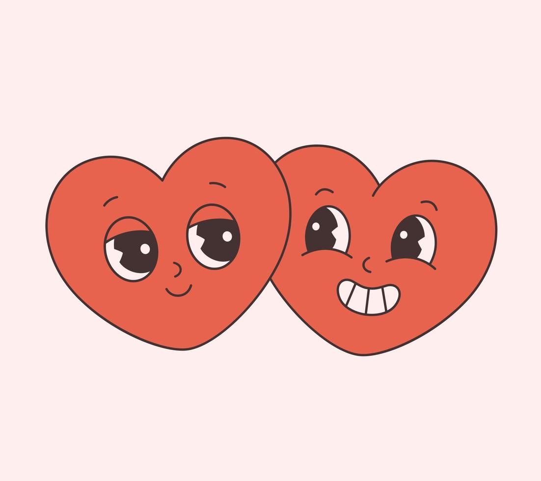 Trendy retro cartoon heart characters. Groovy style, vintage, 70s 60s aesthetics. Happy Valentines day, gay couple vector