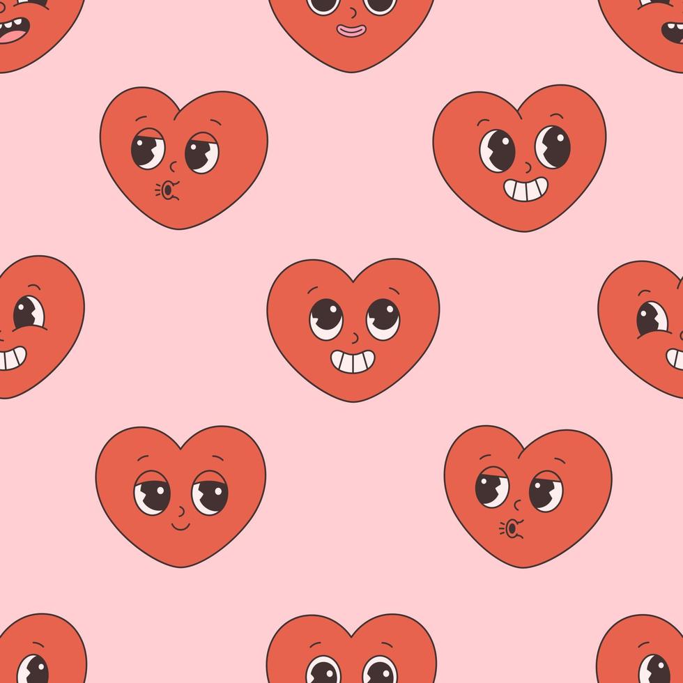 Trendy retro cartoon heart characters seamless pattern. Groovy style, vintage, 70s 60s aesthetics. Valentines day vector