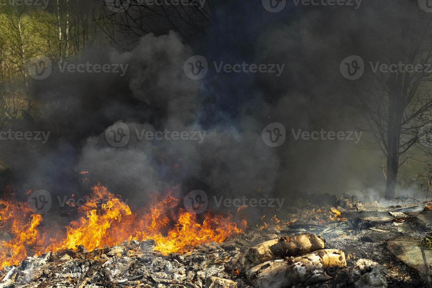 Fire in landfill. Fire and smoke. Burning garbage. photo