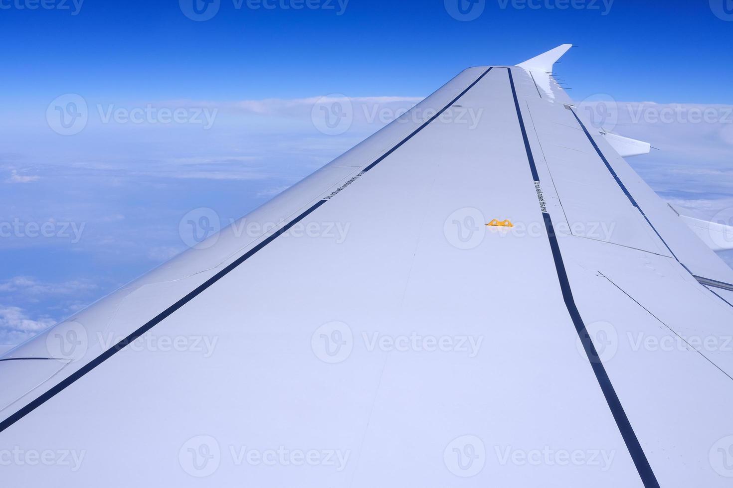 Close up Airplane Wing with Beautiful Blue Sky Background. photo