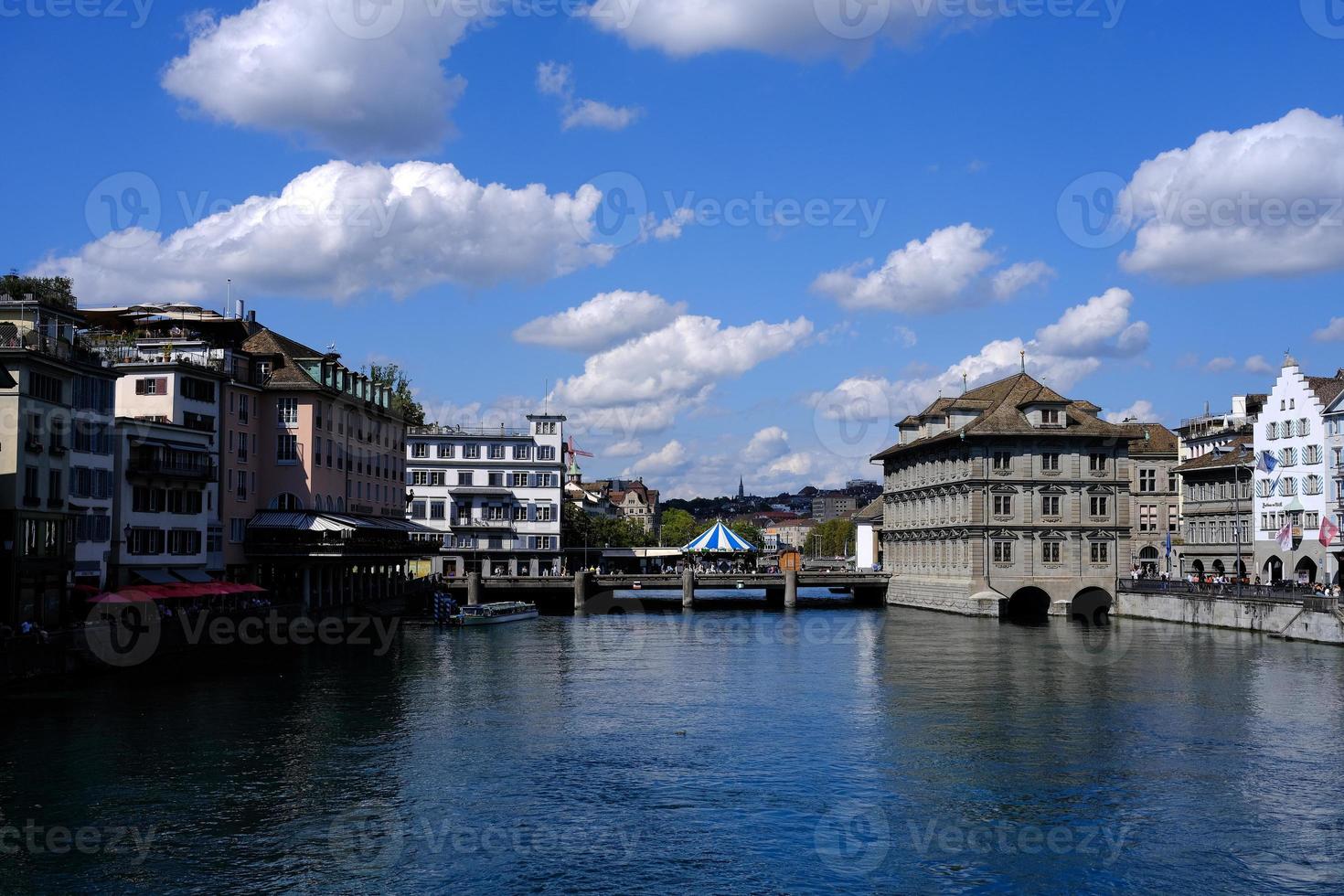 Scenery of Zurich at Limmat River where is a Famous Landmark of Switzerland. photo
