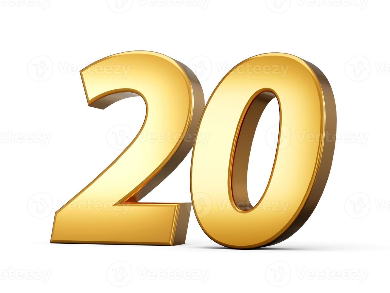 3d number 20 twenty Gold text isolated on white background with reflection 3d illustration photo