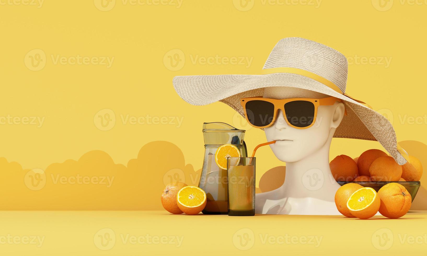 summer vacation concept with sunglasses and suitcase with clouds in the background along abstract women face model, fashion clothes, swimwear with copy space banner product stand display. 3d rendering photo