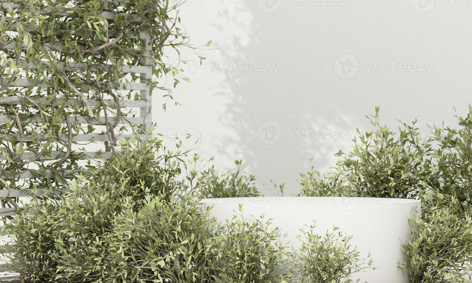white concrete product display podium with blurred nature leaves background. 3D rendering photo