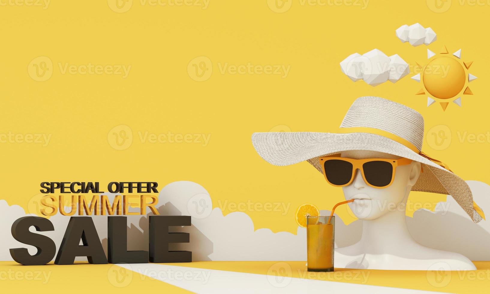 summer vacation concept with sunglasses and suitcase with clouds in the background along with mannequins, fashion clothes, swimwear with copy space banner product stand display. 3d rendering photo