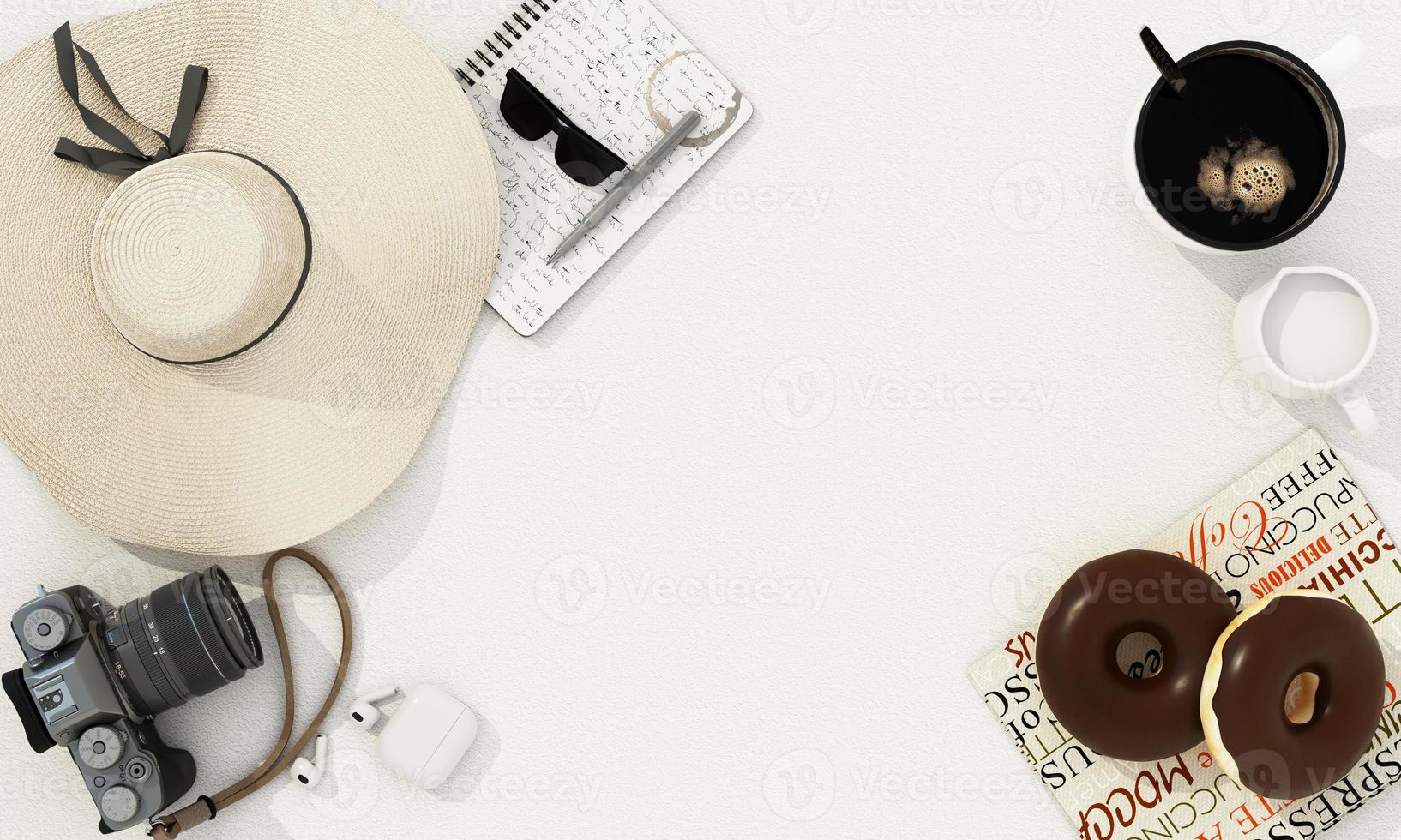 Top view travel concept with retro camera film, sunglasses, straw hat, sweets and coffee cup. white desk top with copy space Travel essentials vintage tone effect on a white background 3d rendering photo
