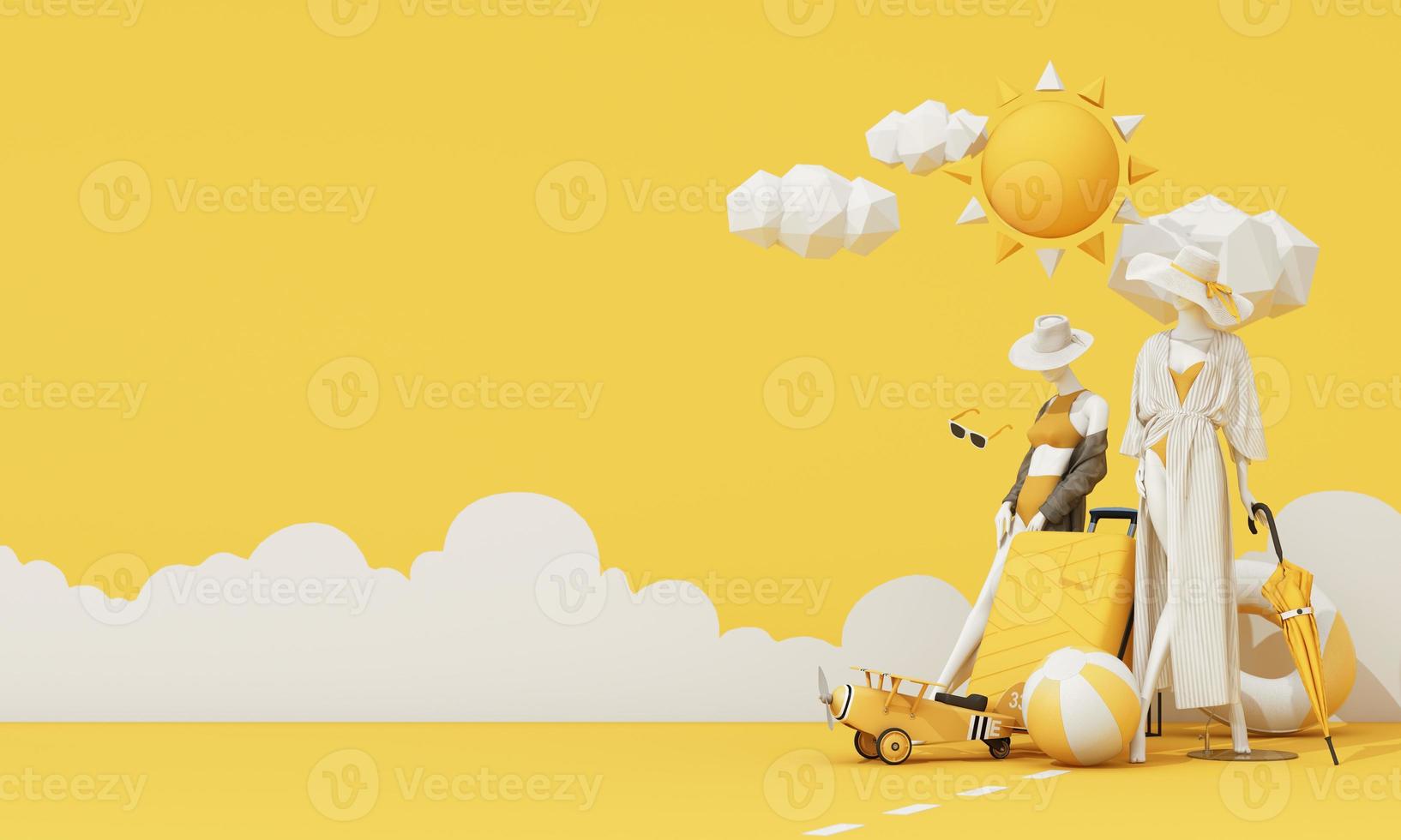 summer vacation concept with sunglasses and suitcase with clouds in the background along with mannequins, fashion clothes, swimwear with copy space banner product stand display. 3d rendering photo