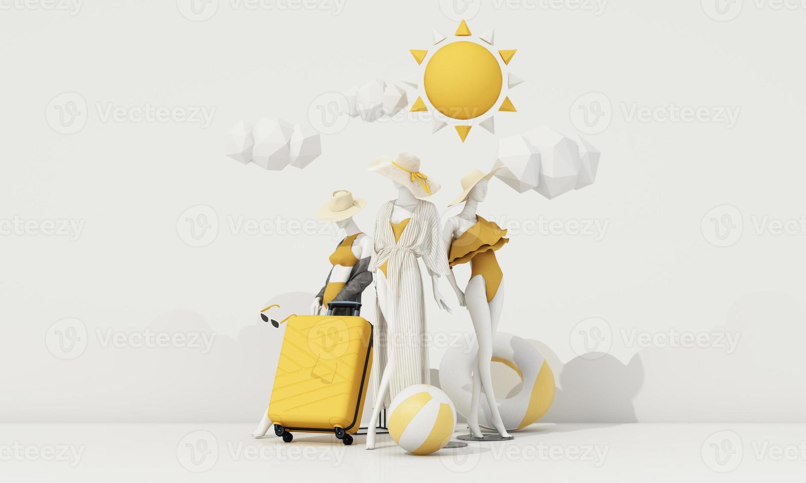 summer vacation concept with sunglasses and suitcase with clouds in the background along with mannequins, fashion clothes, swimwear with copy space banner product stand display. 3d rendering photo