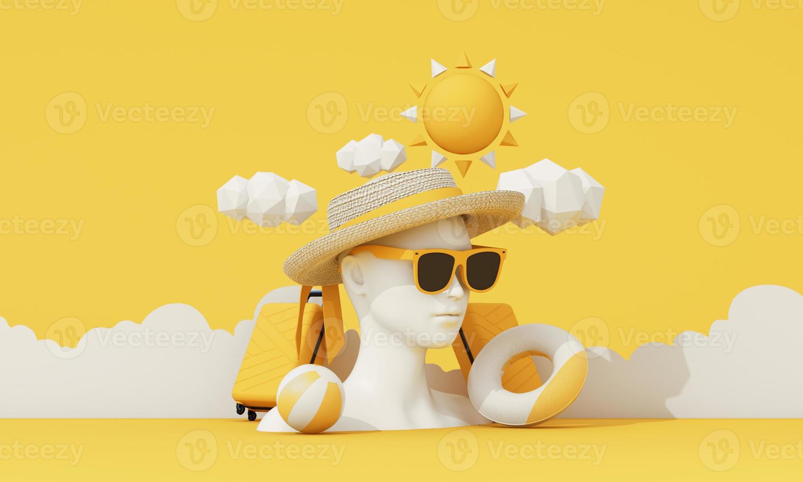 summer vacation concept with sunglasses and suitcase with clouds in the background along abstract women face model, fashion clothes, swimwear with copy space banner product stand display. 3d rendering photo