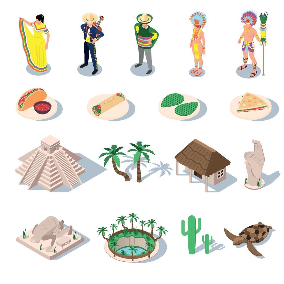 Yucatán viaje icono conjunto vector