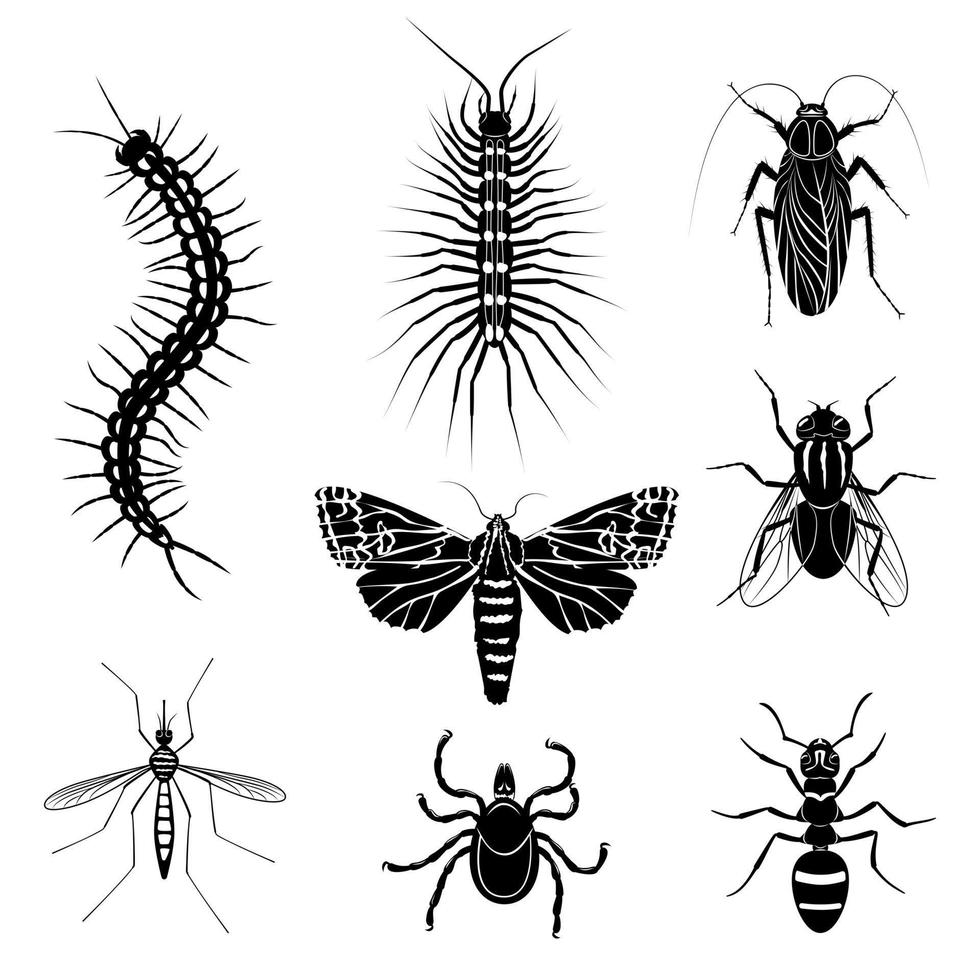 perjudicial insectos dibujos animados monocromo icono conjunto vector