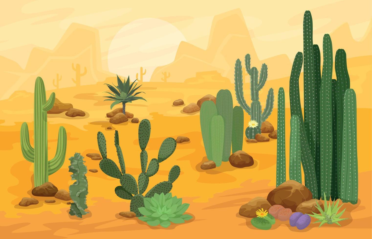 cactus dibujos animados paisaje composición vector