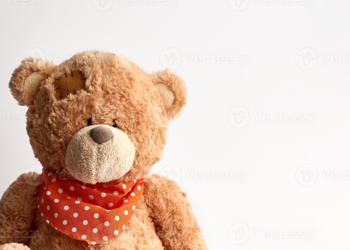 brown vintage teddy bear with patches photo