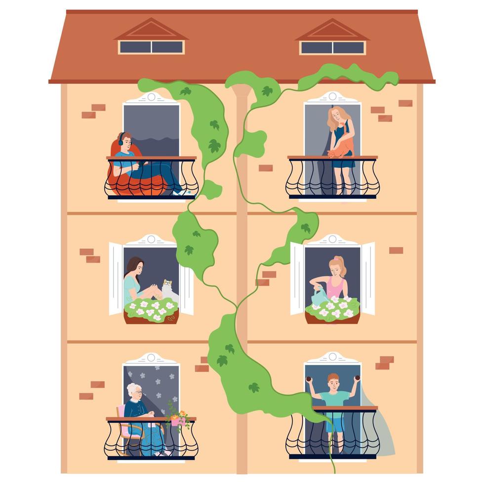 casa con residentes en su ventanas vector