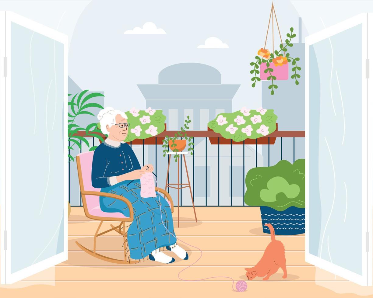 Old Lady On Balcony Flat Composition vector