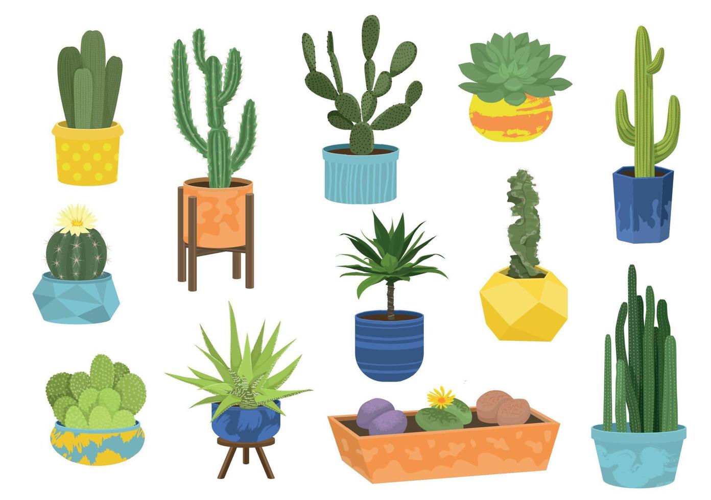 Cactuses in Pots Flat Icon Set vector