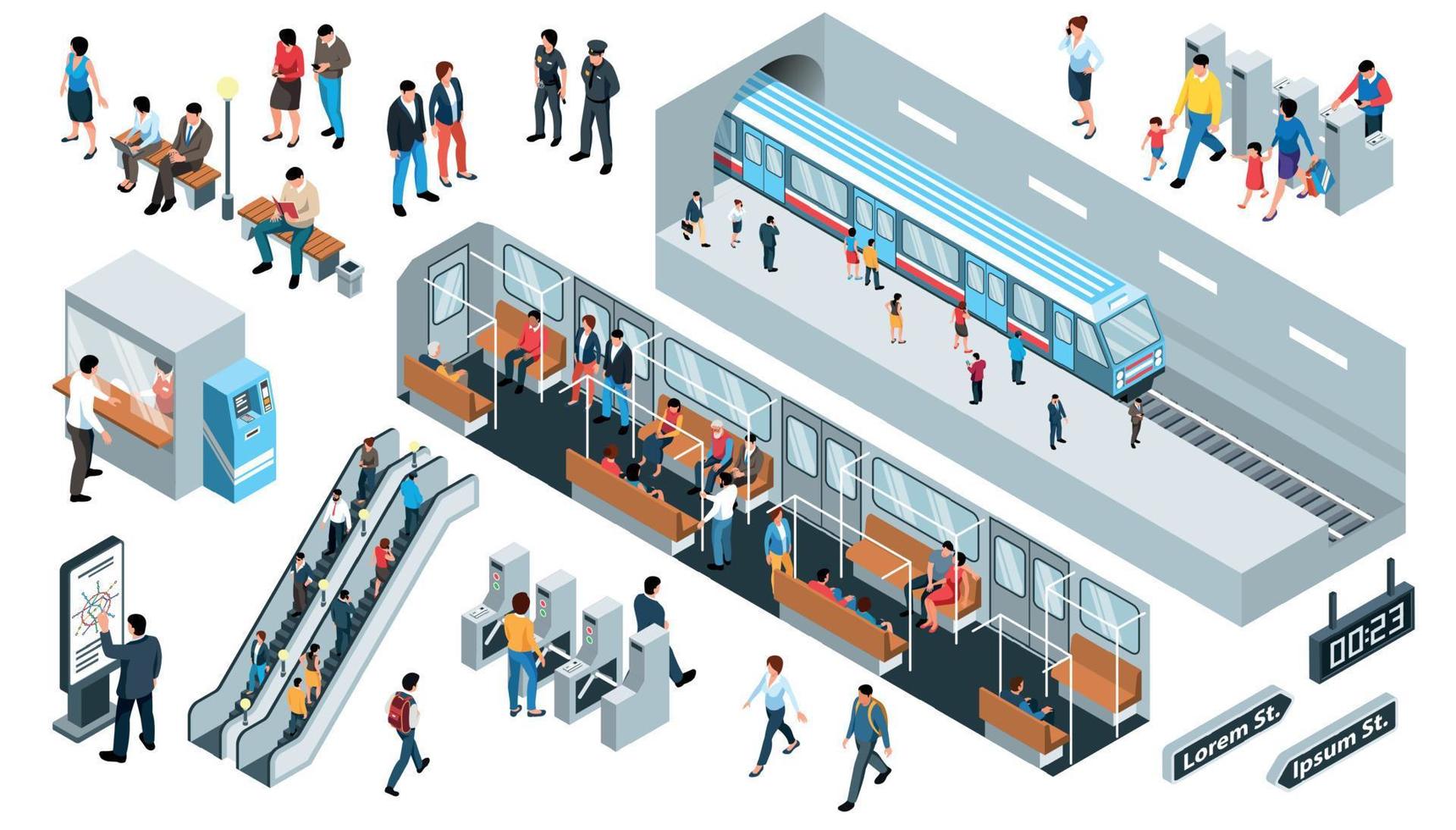 isométrica subterraneo personas conjunto vector