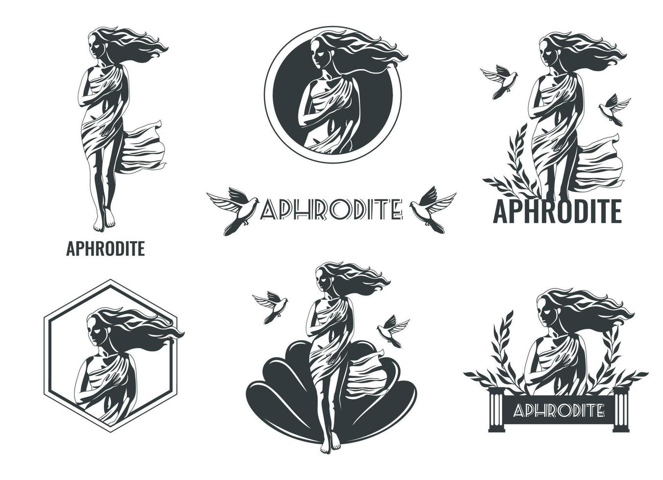 Afrodita griego diosa emblemas conjunto vector