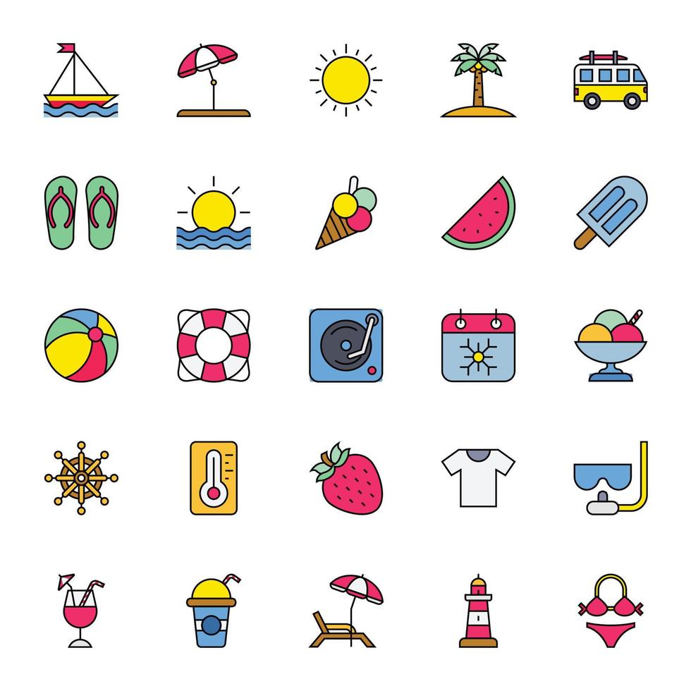 Filled outline icons for summer. vector