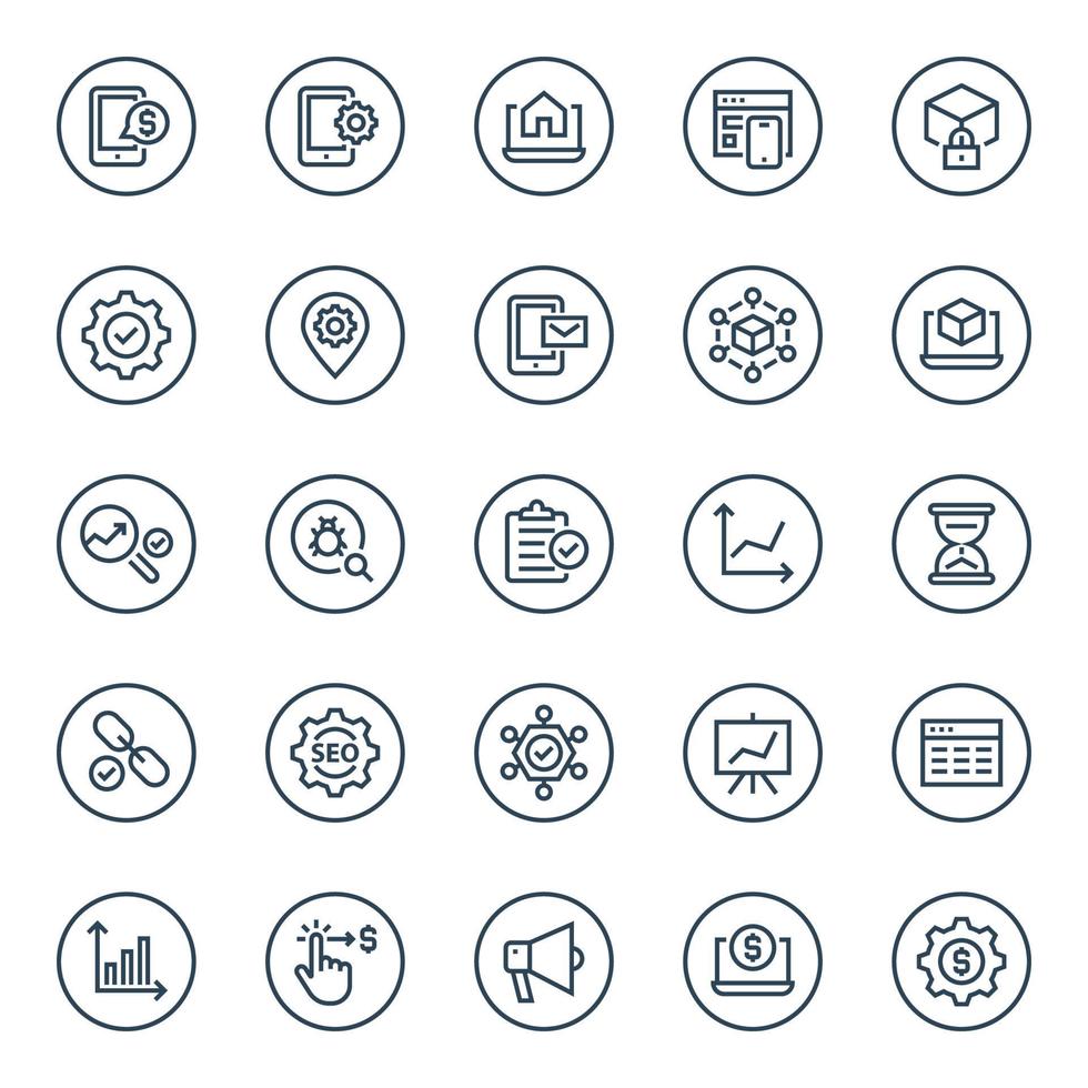 Circle outline icons for Seo and development. vector