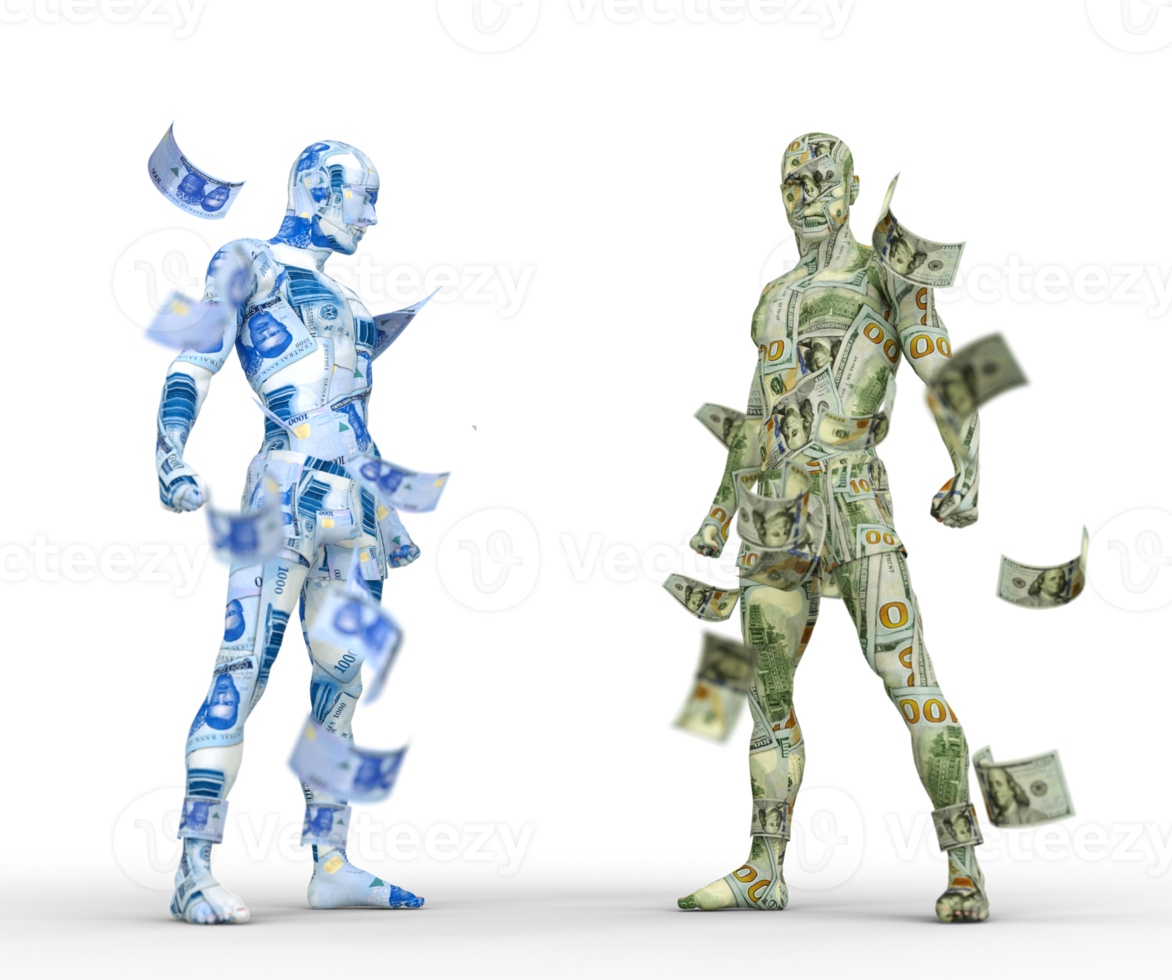 US Dollar vs Nigerian naira, Forex trading, currency pairing, human characters made of money, currency fight, 3d rendering png