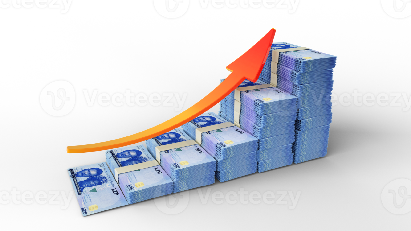 Financial growth sign made of stacks of Nigerian naira notes. 3D Rendering of usd money arranged in the form of a bar graph isolated on transparent background png