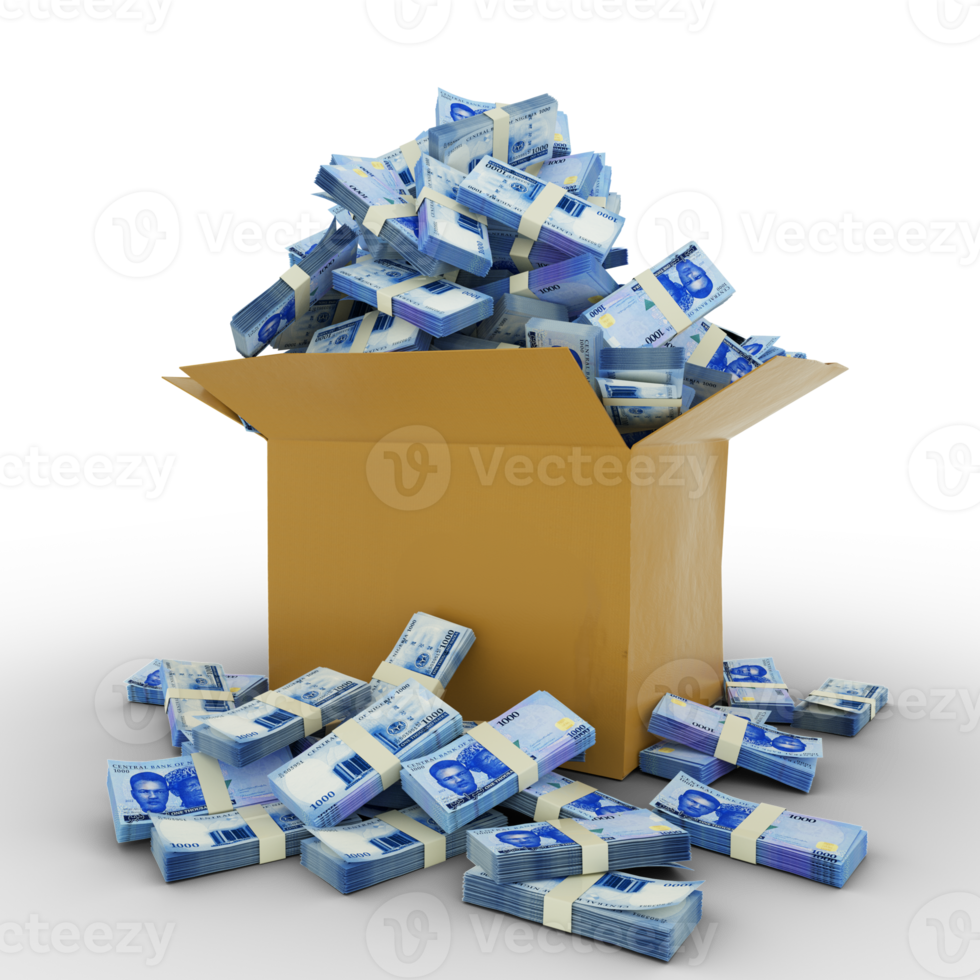 3d rendering of cardboard box full of Nigerian naira notes isolated  on a transparent background png