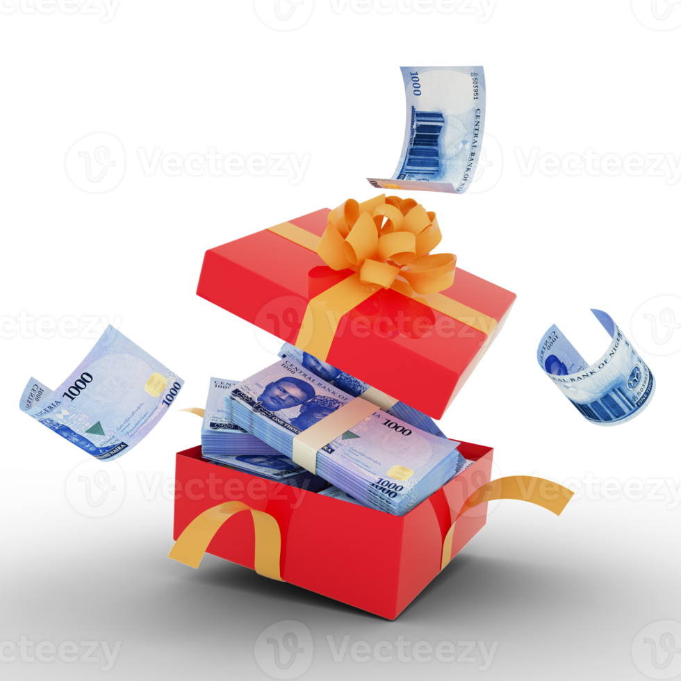 new Nigerian naira notes inside an open red gift box. Nigerian naira inside and flying around a gift box. 3d rendering of money inside box isolated on transparent background png