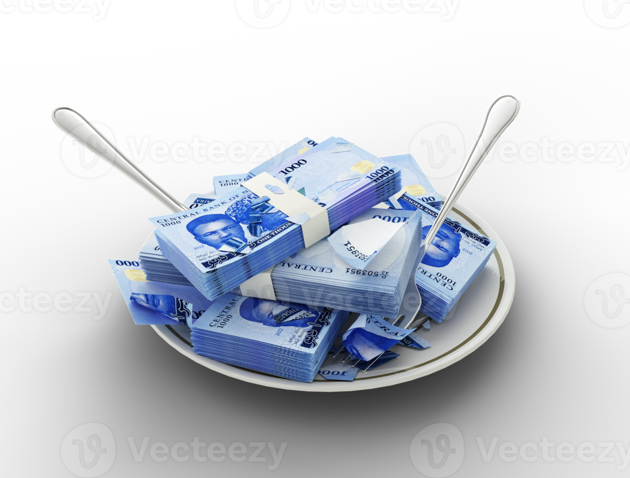 3D rendering of new Nigerian naira notes on plate. Money spent on food concept. Food expenses, expensive meal, spending money concept. eating money, misuse of money png