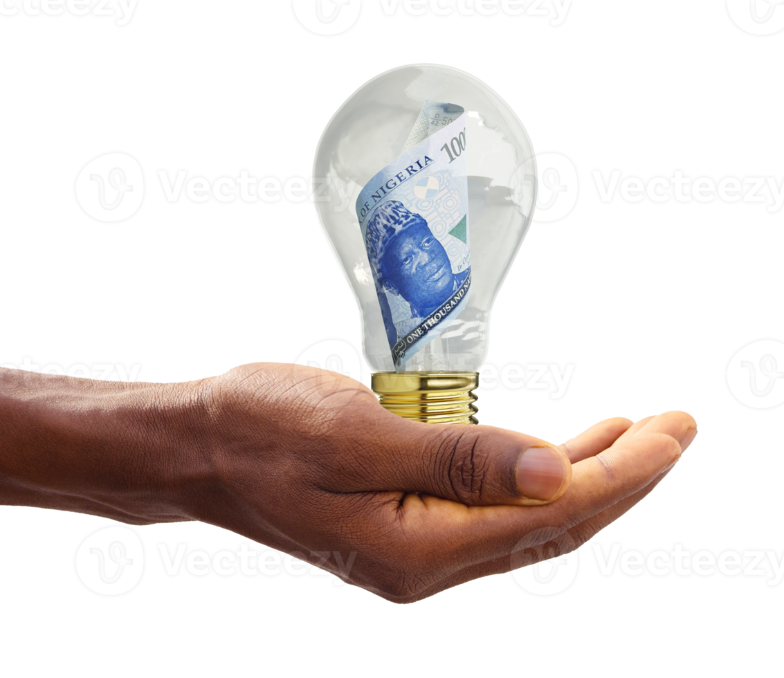 Black Hand holding 3d rendered new Nigerian Naira note inside transparent light bulb, creative thinking. Making money by solving problem. Having idea concept png