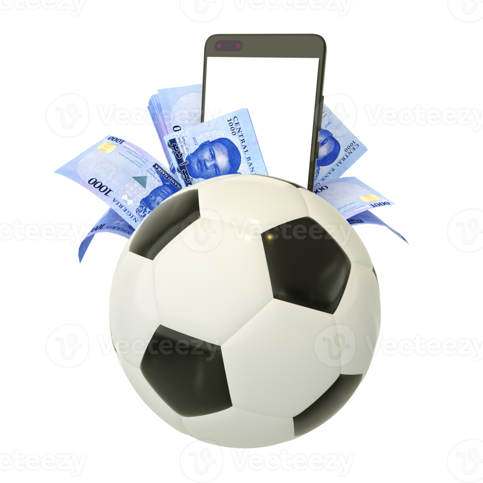 3d rendering of Nigerian naira notes and phone behind soccer ball. Sports betting, soccer betting concept isolated on transparent background. mockup png