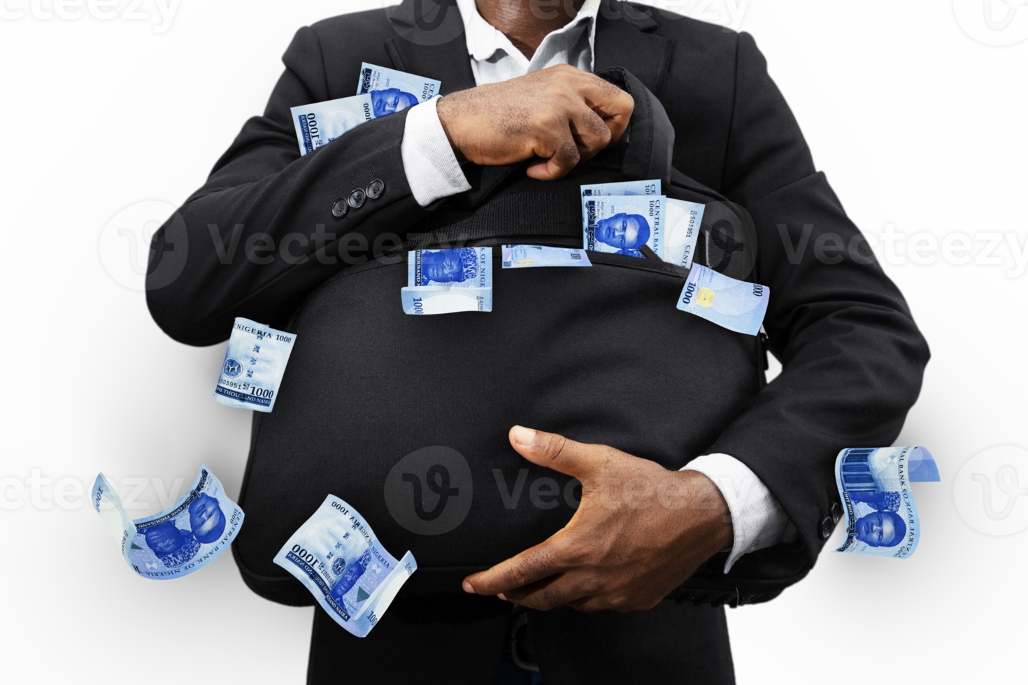 Black Businessman holding black bag full of new Nigerian naira notes isolated on transparent background, money falling from bag png