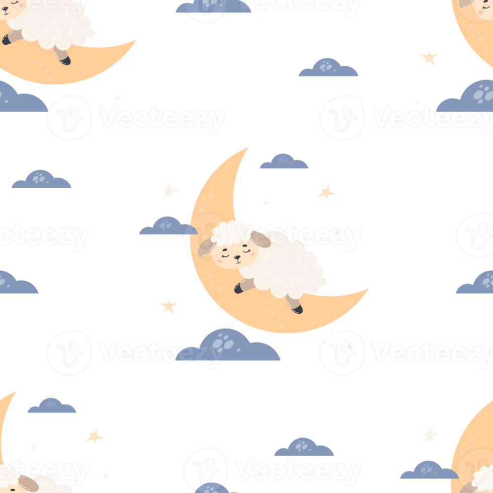 Seamless pattern with cute sleeping sheep on moon png