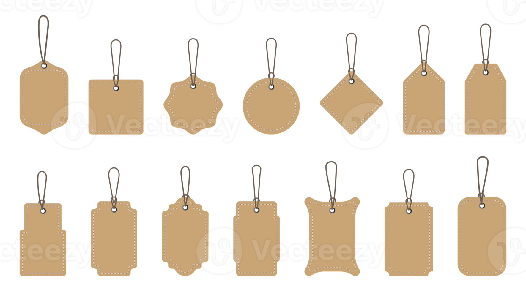 Set of blank cardboard price tags in different shapes. Collection of labels with string png